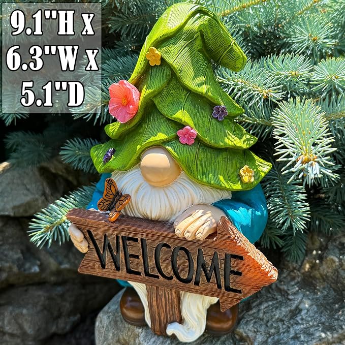 Mood Lab Garden Gnome - Solar Gnome Figurine with Welcome Sign - 9.1 Inch Decor Outdoor Lawn Statue with LED Lights
