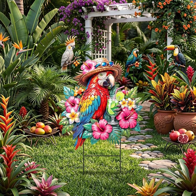 Amyhill Tropical Outdoor Decor 2026vbs Parrot Metal Garden Stakes 25 Inch Jungle Leaves Welcome Yard Signs Decorative Garden Stakes for Patio Lawn Walkway Backyard Porch Luau Rainforest Party Supplies