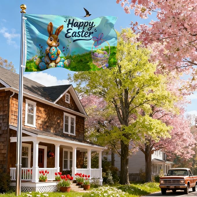 Easter Flag 3x5 Ft Double Sided Printed for Outside Polyester Happy Easter Banner Spring Garden Flag Rabbit Eggs Banner with 2 Grommets for Farmhouse Lawn Holiday Yard Indoor Outdoor Party Gifts