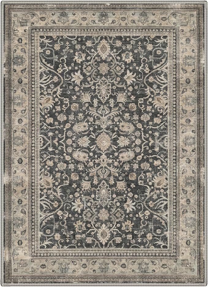 5X7 Area Rug for Living Room, Washable Boho Oriental Floral Non Slip | Easy Care Faux Wool Rug for Bedroom Dining Room, Dusty Charcoal Vintage Floral Rug,Non-Shedding,Vacuum Friendly,Thin