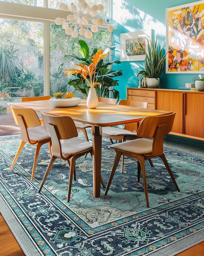 RELEANY Washable Area Rug, 6'x9', Teal | Non-Slip, Water Repellent, Pet Friendly, Easy to Clean, Vintage Floral Boho Decor for Living Room Bedroom Dining Room Office