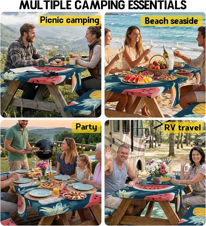 Picnic Table Cover with Bench Covers Camping Essentials Waterproof Windproof Fitted Tables and Seats Set Patio Outdoor Must Haves Stuff Tablecloth Rv Owner Camper Overlanding Activities Gadgets Kit