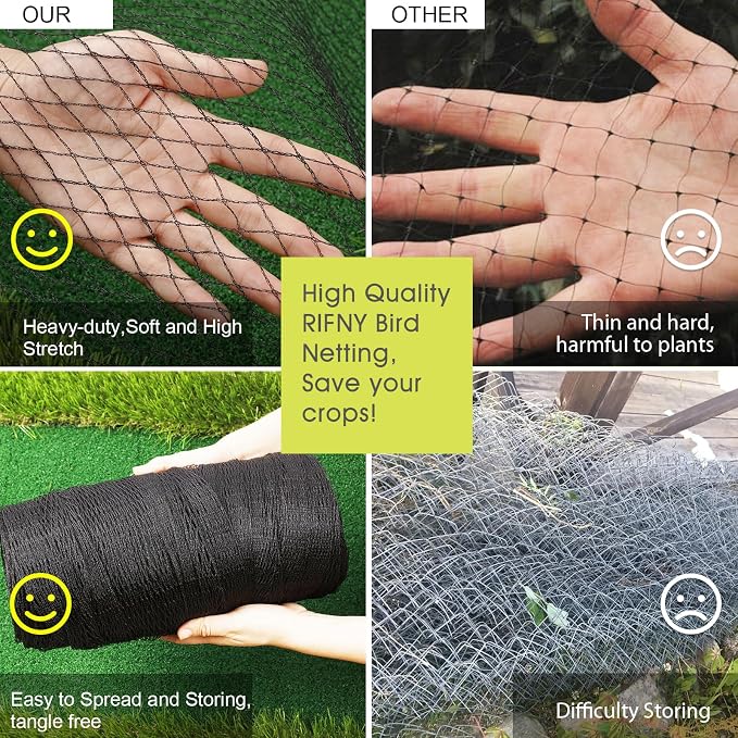 Bird Netting for Garden Protection, 7.5 x 33 FT Heavy Duty Garden Netting with Ties and Landscape Staples for Vegetable, Fruit Trees & Other Plants Against Birds Deer Squirrels and Poultry