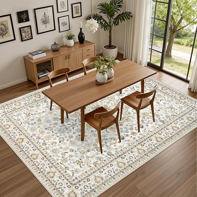 10x12 Area Rugs Living Room: Washable Boho Rug for Bedroom Beige | Vintage No Slip Stain Resistant Rug Soft Indoor Decor Floor Floral Area Rugs for Dining Room, Nursery, Hallway, Home Office