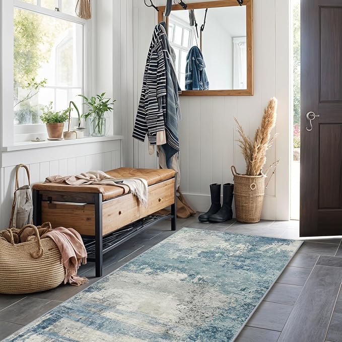 2x6 Abstract Kitchen Rug Runners: Washable Hallway Non Slip Runner Blue | Carpet Low Pile Soft Indoor Floor Mat Front Door for Bedroom Entryway Laundry