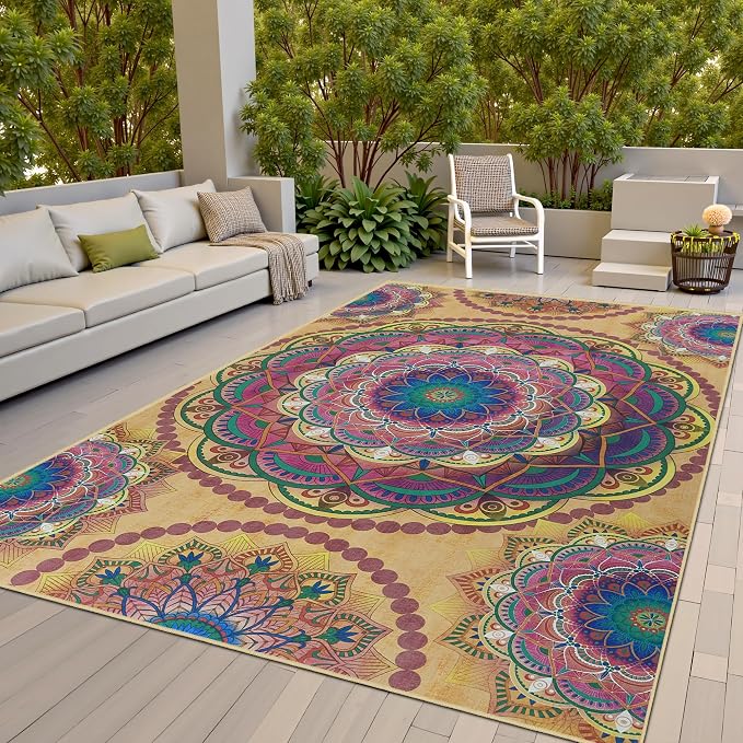 Arenarug Meditation Indoor Outdoor Rug 4x6 ft Mandala Pattern Rug Boho Style,Yoga Meditation Mat Picnic Rug for Patio Living Room Porch Garden Deck Backyard Easy to Clean Non Shedding Non-Slip