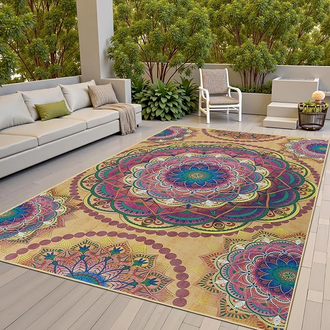 Arenarug Meditation Indoor Outdoor Rug 8x10 ft Mandala Pattern Rug Boho Style,Yoga Meditation Mat Picnic Rug for Patio Living Room Porch Garden Deck Backyard Easy to Clean Non Shedding Non-Slip