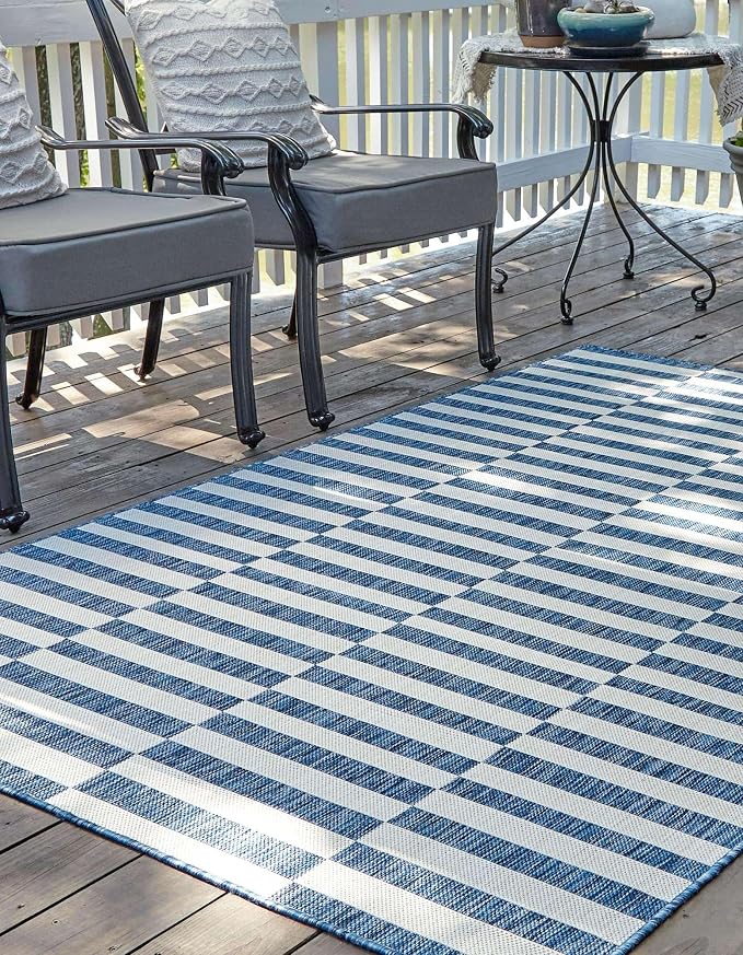 Unique Loom Outdoor Striped Collection Area Rug - Striped (10' x 14' Rectangle Blue/Ivory)