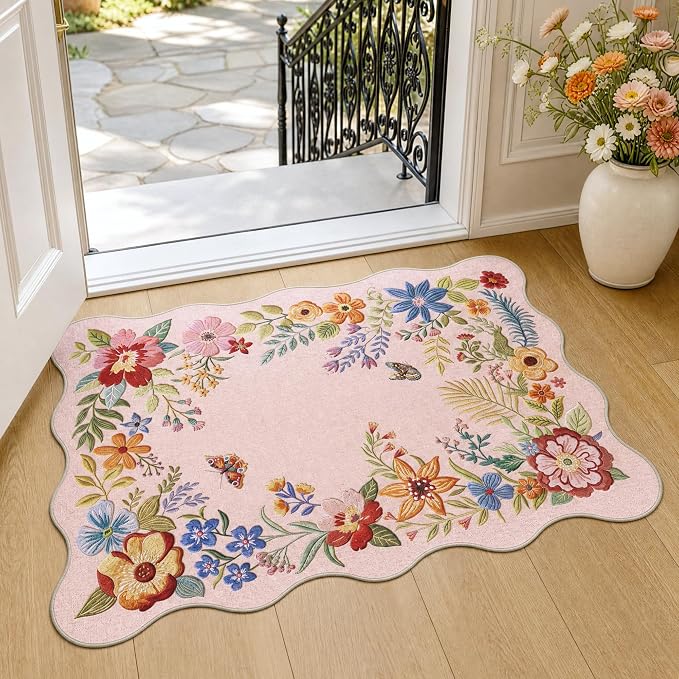FMFUNCTEX 2x3 Washable Floral Vintage Scalloped Boho Flower Entryway Rug | Soft Colorful Traditional Door Mat Non Slip Low Pile Indoor Small Throw Rugs Entry Way Entrance Kitchen Laundry Doorway