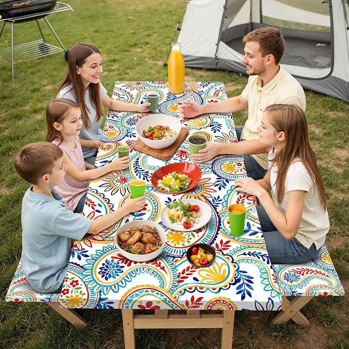 Picnic Table Cover with Bench Covers Elastic,Fitted Table Cloths for Rectangle Tables 6 Foot Washable,Waterproof Tablecloth for Outdoor Camping Essentials Accessories(6 Foot,Paisley