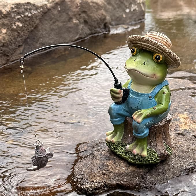 Outdoor Frog Statue Garden Koi Pond Decoration, Resin Frog Decor for Yard 7.1'' Fishing Statue Patio, Lawn Garden Decorative, Fishing Animals for Waterfalls or Koi Pond Additioanl, Mother's Gift