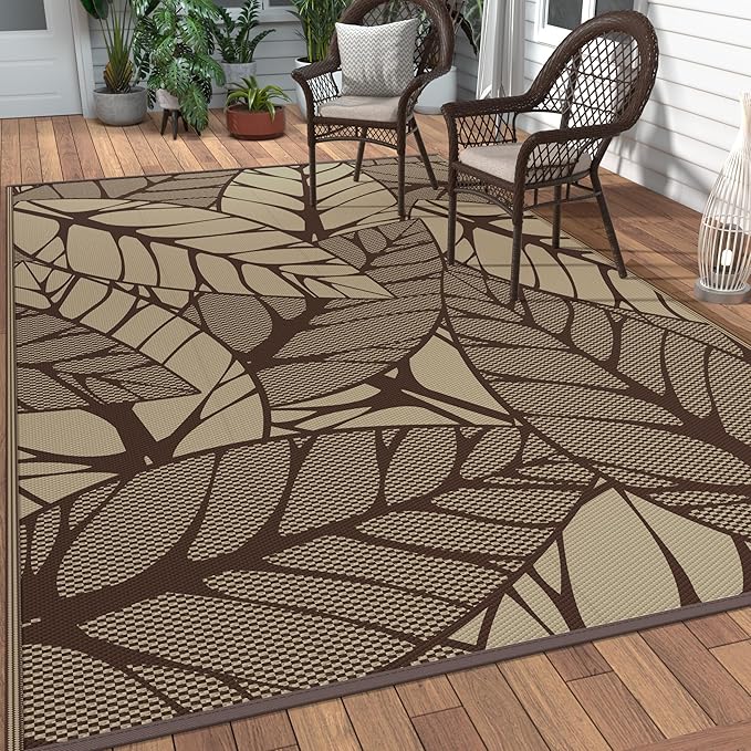 GENIMO Outdoor Rug 6' x 9' Waterproof for Patio Clearance, Reversible Plastic Straw Camping Carpet, Lightweight Mat for Rv, Camper, Deck, Porch, Picnic, Balcony, Beach,Dark Coffee & Beige