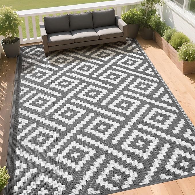RURALITY Outdoor Rugs 9x12 Feet for Patios Clearance,Plastic Straw Waterproof Mats for Backyard,Porch,Deck,Balcony,Grey&White