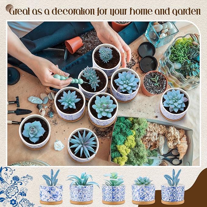 Maxdot 12 Pcs 3 Inch Ceramic Chinoiserie Succulent Pots Blue and White Mini Plant Cylinder Pots with Drainage Holes and Bamboo Trays for Indoor Plants Flowers Succulent Garden Decoration