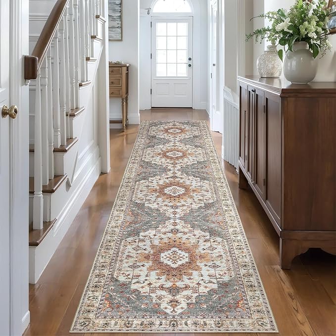 Tangsoo Oriental 2.6x10 Hallway Runner Rugs, Washable Non Slip Rug Runners | Oriental Soft Low Pile Long Rug, Boho Farmhouse Print Indoor Carpet Runners for Hallway Living Room Kitchen Bedroom Turmeric