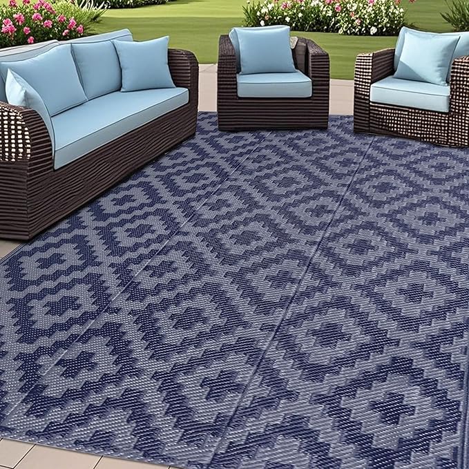 SAND MINE Reversible Mats, Plastic Straw Rug, Modern Area Rug, Large Floor Mat and Rug for Outdoors, RV, Patio, Backyard, Deck, Picnic, Beach, Trailer, Camping, Dark Blue & Grey, 4' x 6'