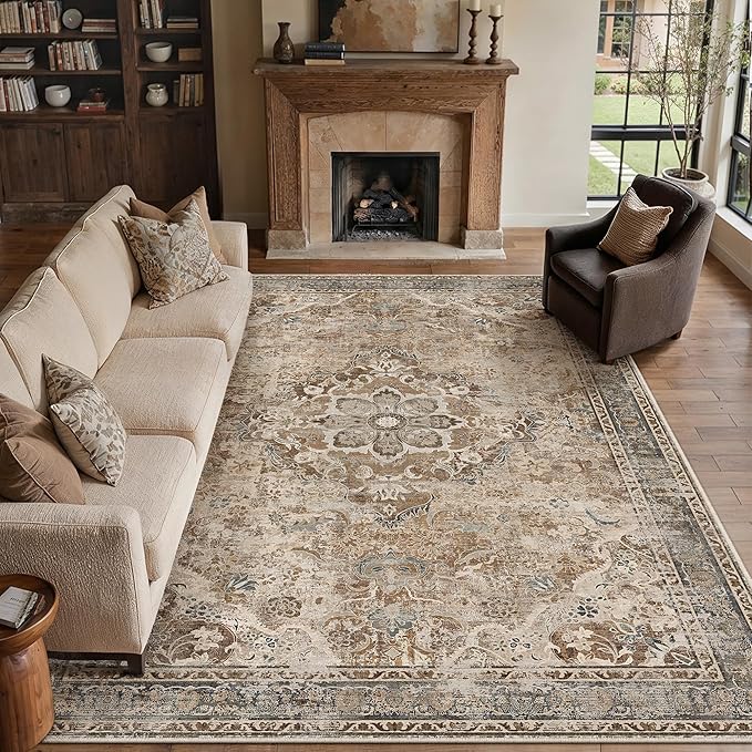 Brown Area Rug 10x12 Living Room Vintage Floral Non-Slip Carpet | Machine Washable, Soft, Low Pile, Distressed, Large for Bedroom, Dining Room, Office, Retro Farmhouse Decor