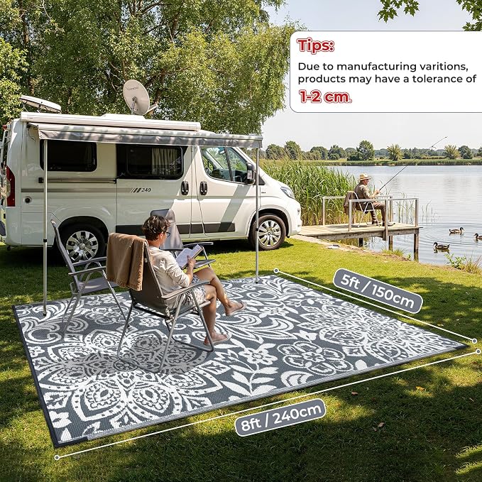 Findosom Waterproof Outdoor Rug 5' x 8' - Reversible Mandala Outdoor Plastic Straw Rug, Durable Foldable Patio Rug for RV, Deck, Balcony, Backyard, Picnic, Porch, Camping, Beach, Gray