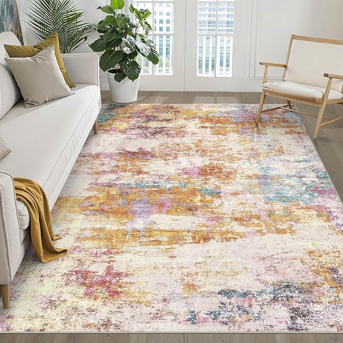 LOONGRUG 6x8 Area Rug Washable Neutral Modern Living Room Rug Multi Gold | Abstract Soft Stain Resistant Indoor Non-Slip Carpet for Bedroom Nursery Kids Office Playroom Dining Room