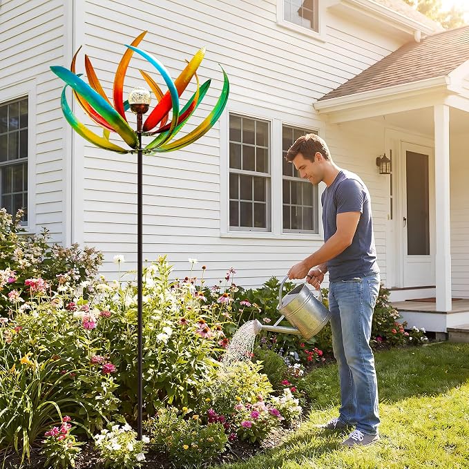 83-Inch Solar Wind Spinner Outdoor Metal, Kinetic Yard Art with Glass Globe | Colorful Rotating Petals And Solar Crackle Glass Globe Create Eye Catching Yard Art For Gardens, Patios, Lawns, And Pathways