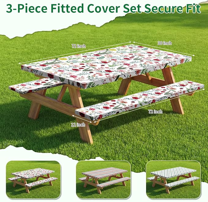 Picnic Table Cover with Bench Covers and Bag - Outdoor Camping Accessories Waterproof Camping Tablecloth with Elastic Edges Fitted Rectangle Tables and Seats