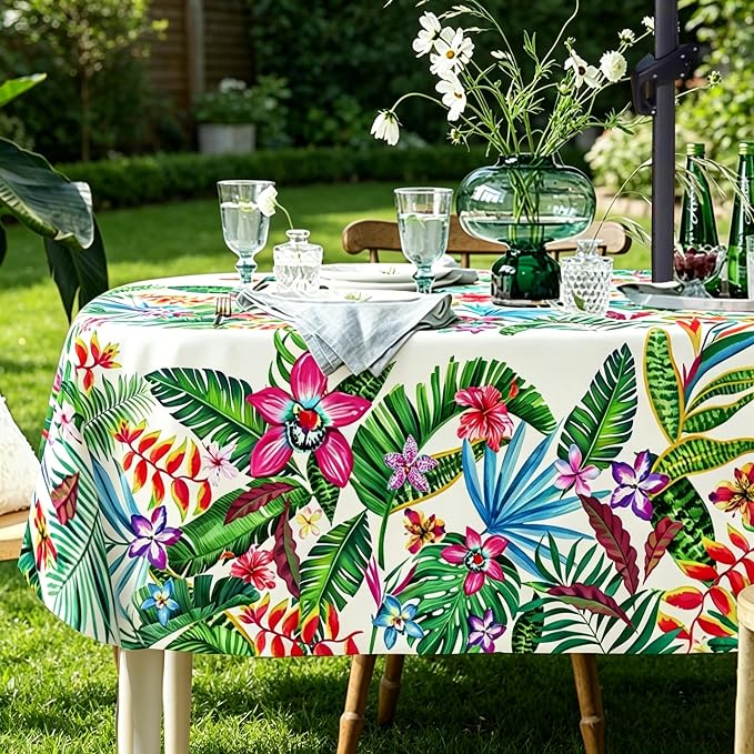 Outdoor Tablecloth with Umbrella Hole and Zipper, Oval Patio Table Covers for Spring/Summer, Machine Washable Outdoor Picnic Table Cloth (Tropical, 60" × 102" Oval)