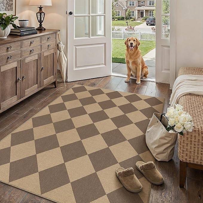 PureCozy 4x6 Checkered Easy Jute Area Rug for Living Room Checkerboard Washable Indoor Outdoor Carpet Farmhouse Patio Office Mat Geometric Non Slip Brown Carpet for Dorm Backyard Dining Room