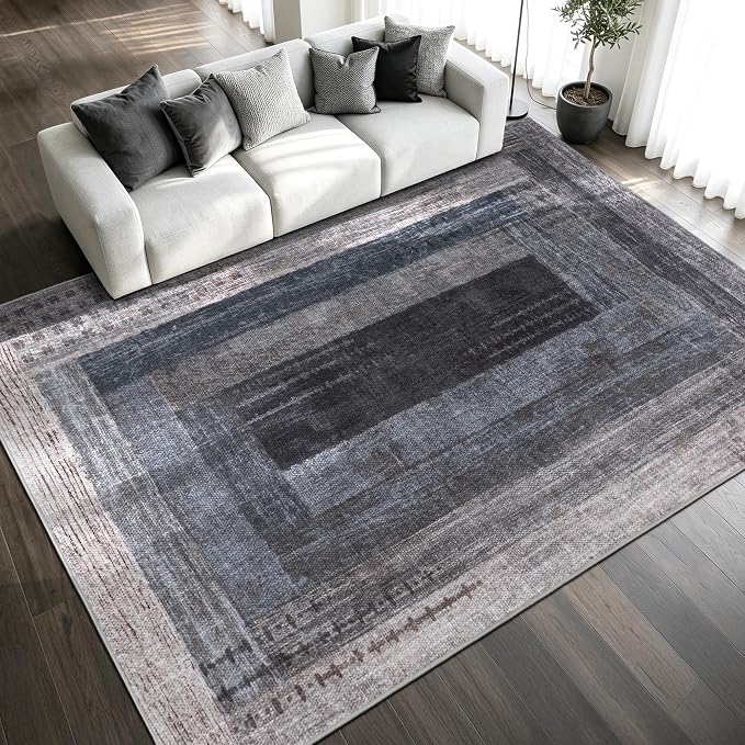 Neutral Geometric Blue 6x9 ft Large Rug for Living Room Bedroom | Contemporary Modern Area Rugs Vintage Washable Soft Faux Wool Low Pile Indoor Carpet for Dining Room Office Home Decor