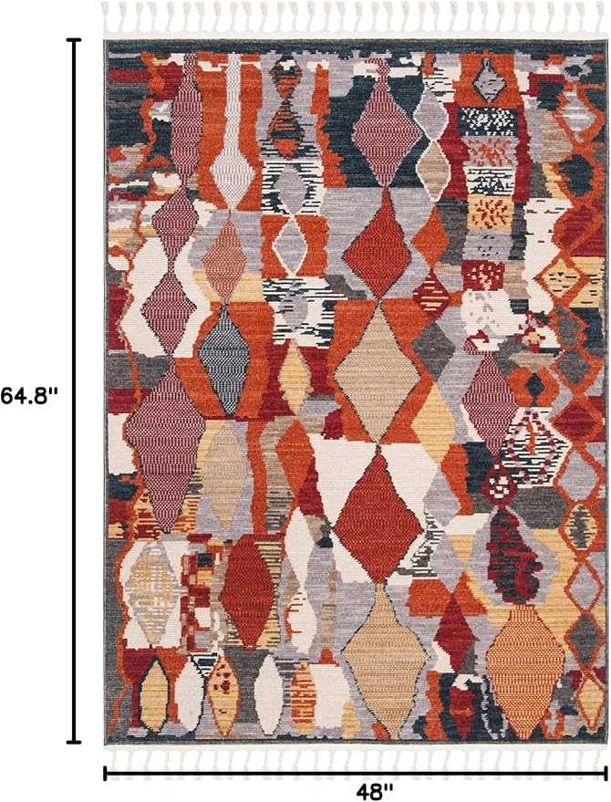 SAFAVIEH Farmhouse Collection Accent Rug - 4' x 5'4", Orange & Navy, Boho Moroccan Tribal Tassel Design, Non-Shedding & Easy Care, Ideal for High Traffic Areas in Foyer, Living Room, Bedroom (FMH853P)