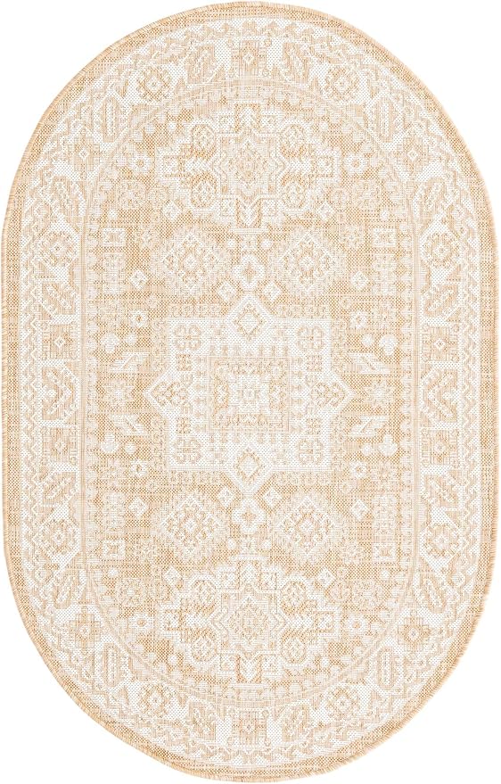 Unique Loom Outdoor Aztec Collection Area Rug - Chalca (3' 3" x 5' 3" Oval, Natural/ Ivory)