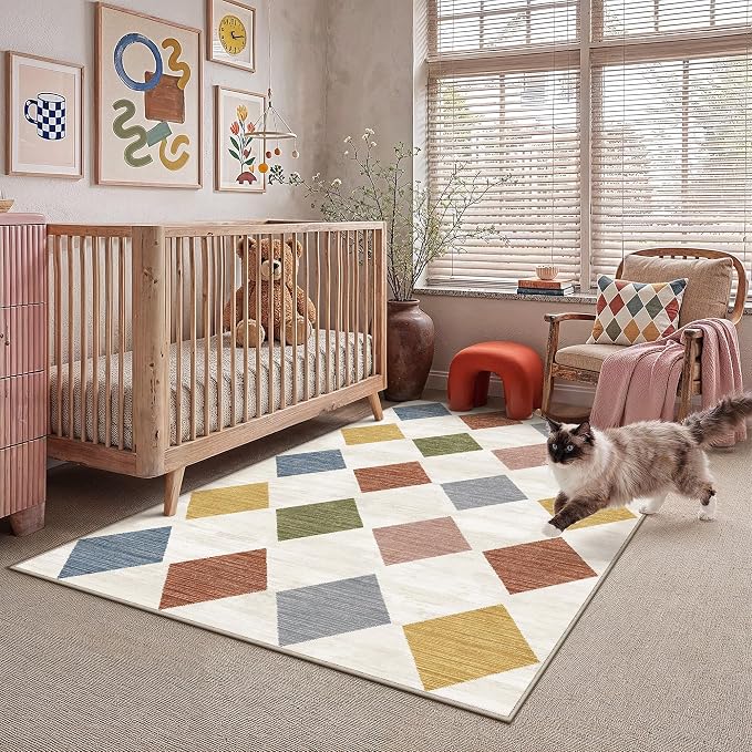 4x6 Washable Area Rug Kids Room Colorful Non Slip Checkered Carpet | Soft, Low Pile, Easy Clean, Diamond Pattern for Doormat, Nursery, Play Room, Entryway, Bedroom, Modern Indoor Decor