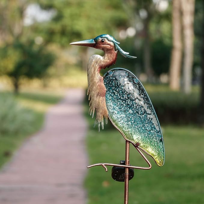 TERESA'S COLLECTIONS Blue Heron Garden Decor for Outside, Glass Solar Lighted Lawn Ornament for Yard Art, Weatherproof Decorative Stake for Patio Outdoor, 39 Inch