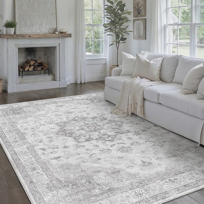 Grey 5x7 Washable Area Rug Living Room Vintage Oriental Carpet | Soft Low Pile, Non Slip, Stain Resistant, Floral Medallion, Neutral Retro Decor for Bedroom, Dining Room, Kids Room, Office