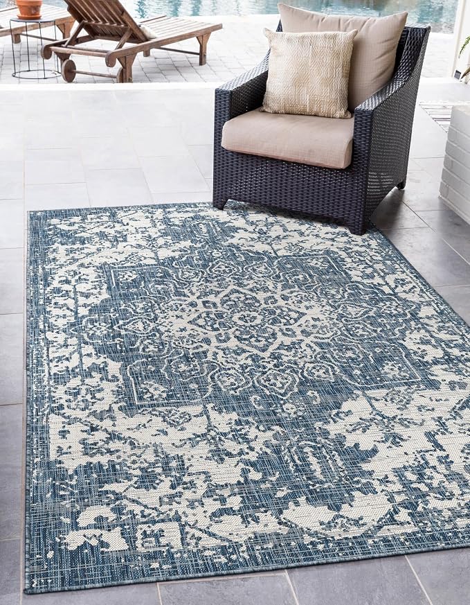 Unique Loom Outdoor Collection Area Rug - Dubai (10' 8" Square, Blue/ Ivory)