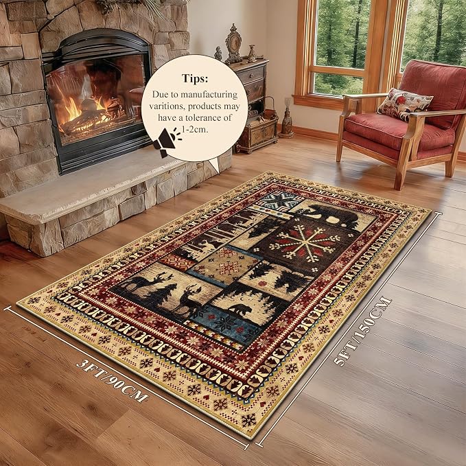 LOKHOM 3x5 Rustic Cabin Area Rug, Washable Western Lodge Bear Entryway Rug | Bear Pattern, Non-Slip, Low Pile Soft Doormat, Vintage Wildlife Accent, For Living Room Bedroom Kitchen Entryway