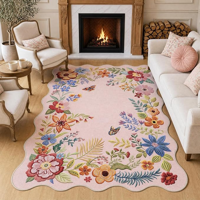 FMFUNCTEX 5x7 Washable Blush Pink Floral Scalloped Area Rug for Living Room | Vintage Flower Colorful Traditional Boho Distressed Soft Non Slip Low Pile Large Pattern Indoor Carpet Dining Bedroom Nursery