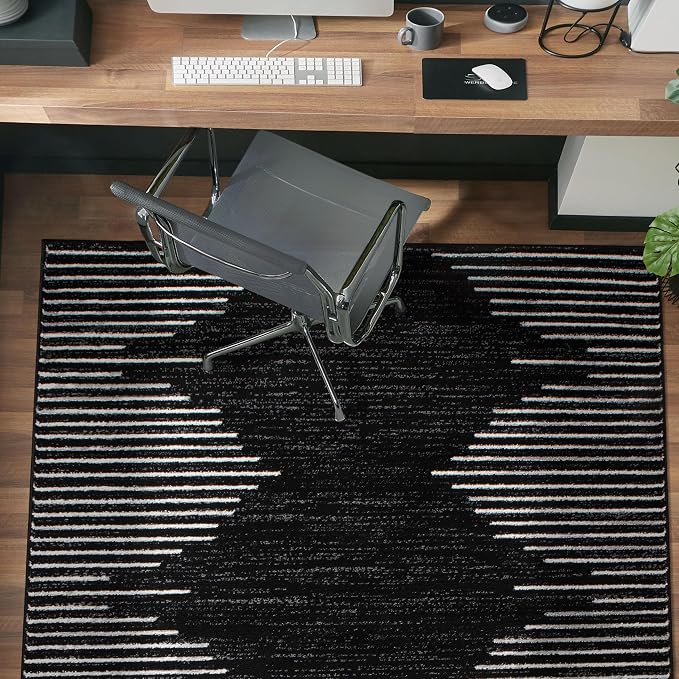 Rugshop Bohemian Stripe Stain Resistant Area Rug Black 3'3" x 5' | High Traffic, Rectangular, Size 3'3" x 5', Living Room, Bedroom, Dining Room, Home Office, Kitchen, Entryway, Hallway
