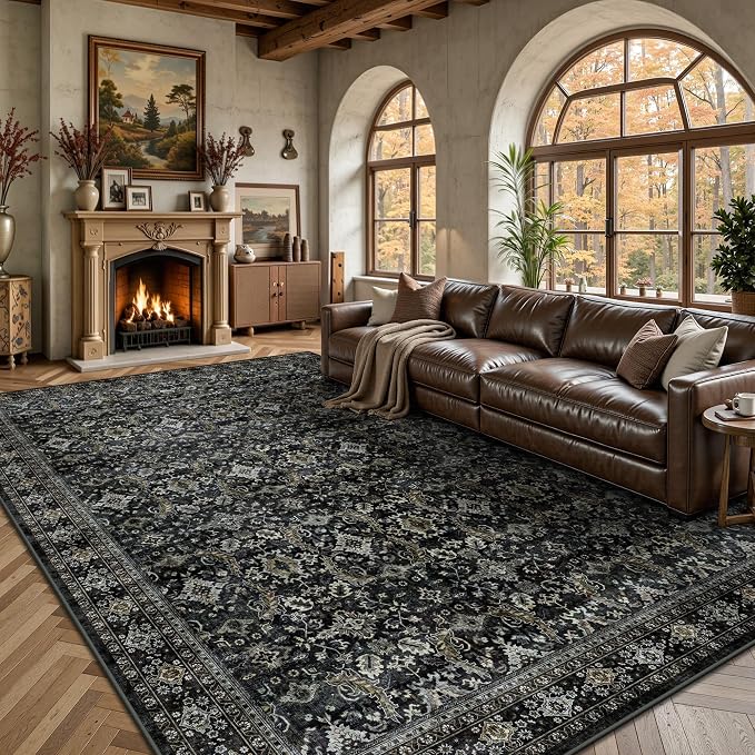 6x9 Area Rugs - Washable Vintage Retro Living Room Rug, Soft Ultra Thin Non Slip Low Pile Traditional Distressed Boho Carpet for Bedroom Dining Room Nursery Home Office, Black Gold
