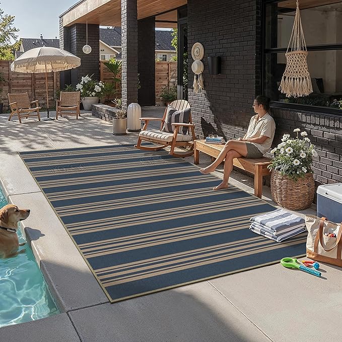 PureCozy Striped Easy Jute Rug 6x9 Blue Living Room Carpet Washable Non Slip Bedroom Office Rug Farmhouse Neutral Non Shedding Indoor Outdoor Large Carpet for Kitchen Dining Room