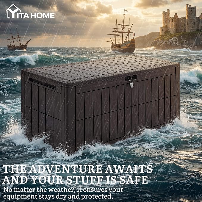 YITAHOME 110 Gallon Outdoor Deck Box, Waterproof Resin Storage Box with Lock, Lockable Patio Furniture Bin, 2-Person Bench Seating for Outdoor Cushions, Garden Tools & Sports/Pool Supplies, Dark Brown