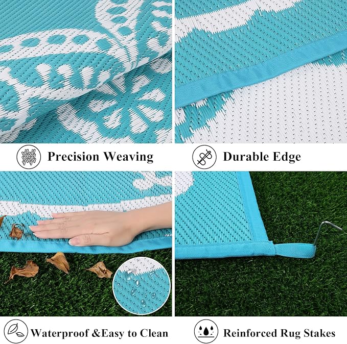 Bsmathom Waterproof Outdoor Rug 8ft Round Reversible Boho Plastic Straw Patio Deck Camping Rugs, Indoor Outdoor Portable RV Mat Carpet for Outside, Porch, Balcony, Backyard, Beach, Pool,Teal