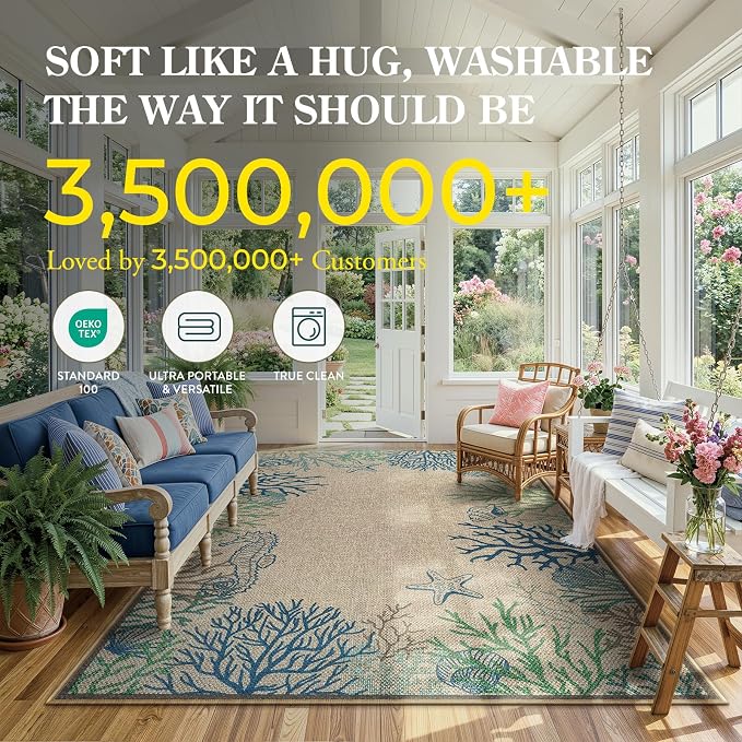 LIVEBOX Easy Jute 28''x43'' Front Porch Rug, Outdoor Non Slip Washable Kitchen Rug Modern Coastal Animal Area Rugs Floor Hello Welcome Door Mat Carpet for Entryway Porch Doorway(Blue 28''x43'')