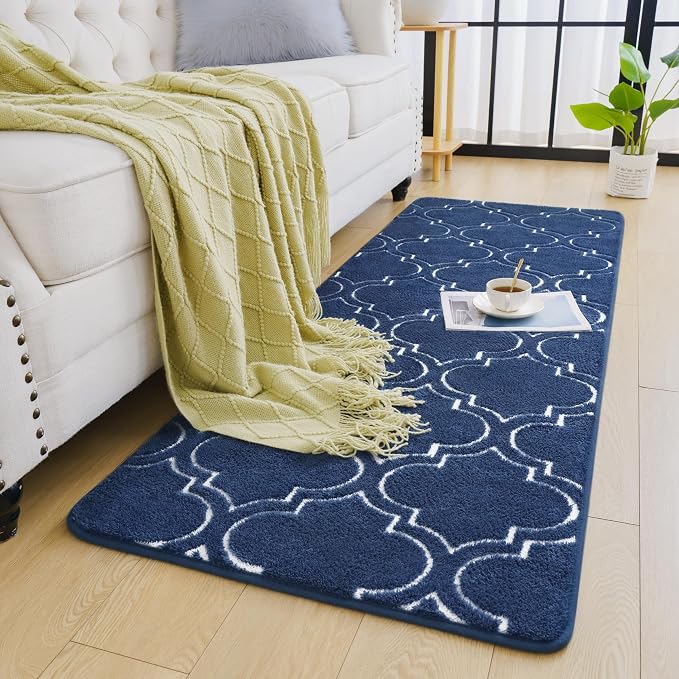 Chicrug 2x6 Shag Geometric Modern Runner Rug for Bedroom Hallway | Memory Foam Indoor Runner Carpet, Fluffy Rug for Living Room Bedside Room for Family, Navy and White