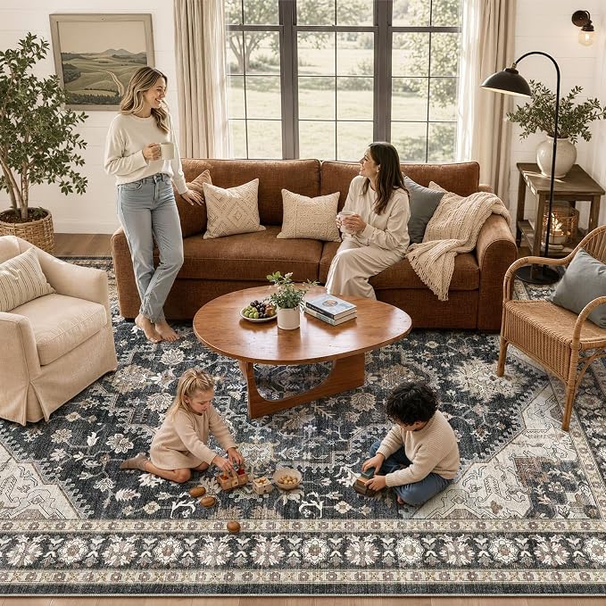 DTICON Vintage Washable 6x9 Area Rug Living Room Rugs, Black | Boho Distressed, Pet & Kid Friendly, Non-Slip Backing, Soft Polyester, Low-pile Carpet for Living Room, Bedroom, Dining Room