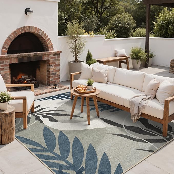 GENIMO Outdoor & Indoor Area Rug 6'x9', Waterproof, Non-Shedding, Easy Cleaning, Leaf Mat for Patio, Living Room, Balcony, Dining Room, RV, Deck, Bedroom, Camping, Outside Carpet, Blue Grey