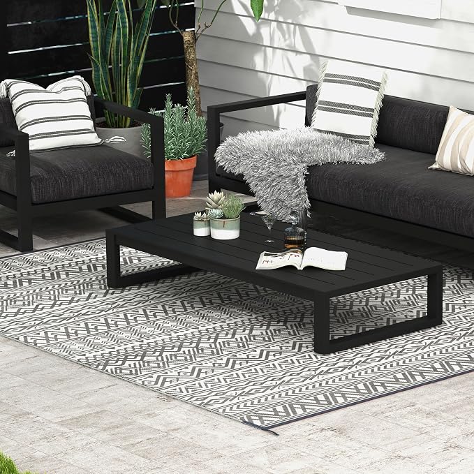 Outsunny Outdoor Rug for Patio, 8' x 10' Waterproof Large Mat, Reversible Plastic Straw Rug for Decor, Portable Outside RV Camping Area Carpet Mat for Backyard Porch Deck Picnic, Gray & Cream Boho