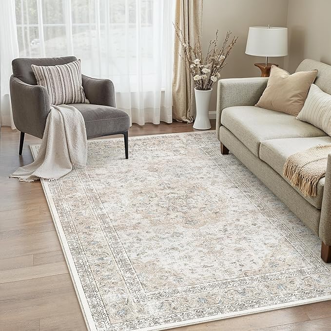 3x5 Washable Area Rug Beige Grey Non Slip Vintage Carpet | Low Pile, Stain Resistant, Living Room, Kitchen, Bedroom, Entryway, Nursery, Laundry Room, Soft, Thin, Lightweight