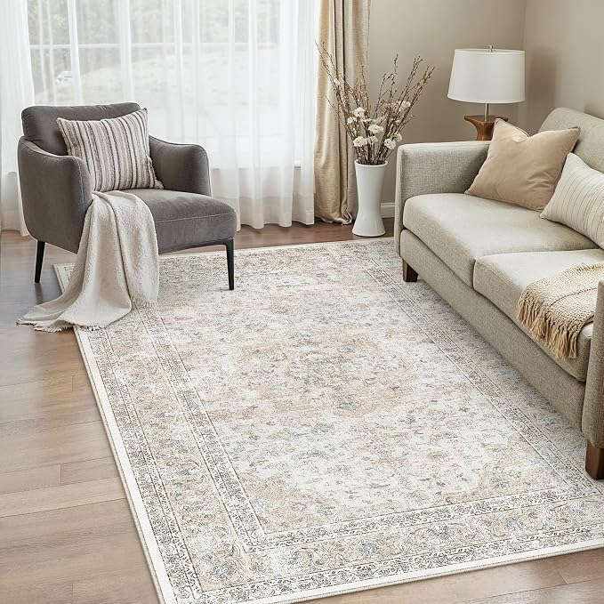 4x6 Washable Area Rug Beige Grey Non Slip Vintage Carpet | Low Pile, Stain Resistant, Living Room, Kitchen, Bedroom, Entryway, Nursery, Laundry Room, Soft, Thin, Lightweight
