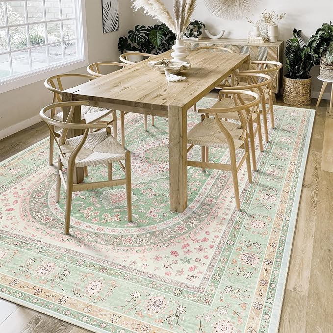 6x9 Area Rugs Washable,Large Green Rug for Living Room Bedroom | Boho Vintage Bohemian Distressed Oriental Carpet Non Slip,Sage Blush Floral