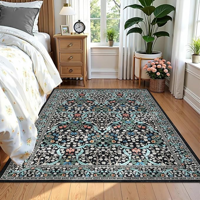 GarveeHome 4x6 Washable Area Rug for Living Room, Floral Large Entryway Kitchen Rug Non Slip, Ultra Soft Stain Resistance Carpet for Bedroom Laundry Room, Black